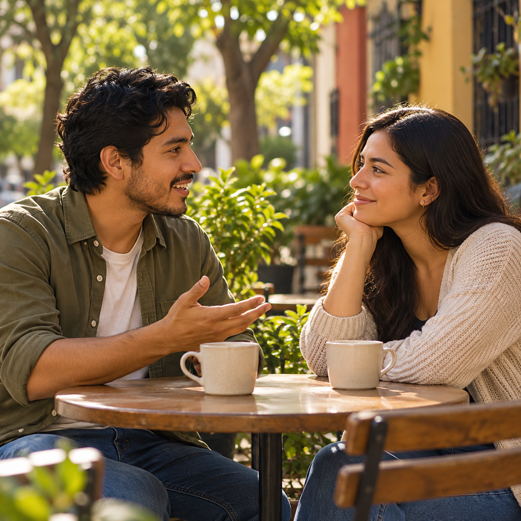 Recreación editorial de dos jóvenes conversando y escuchándose en una terraza