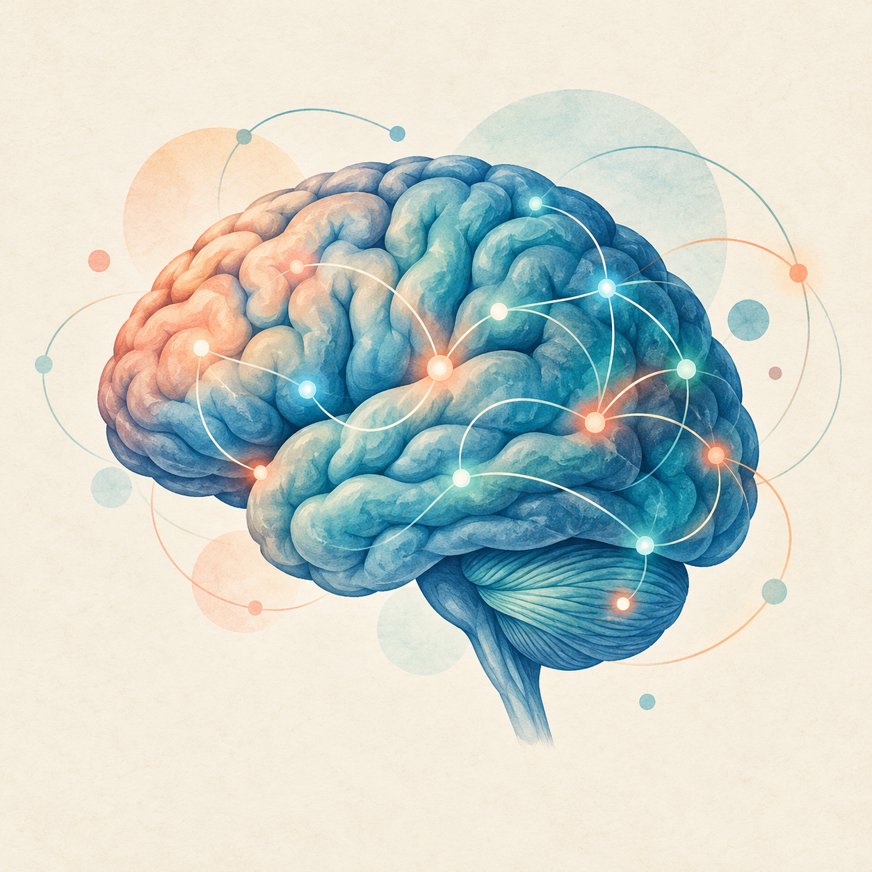 Ilustración conceptual de un cerebro con conexiones que evocan funciones cognitivas