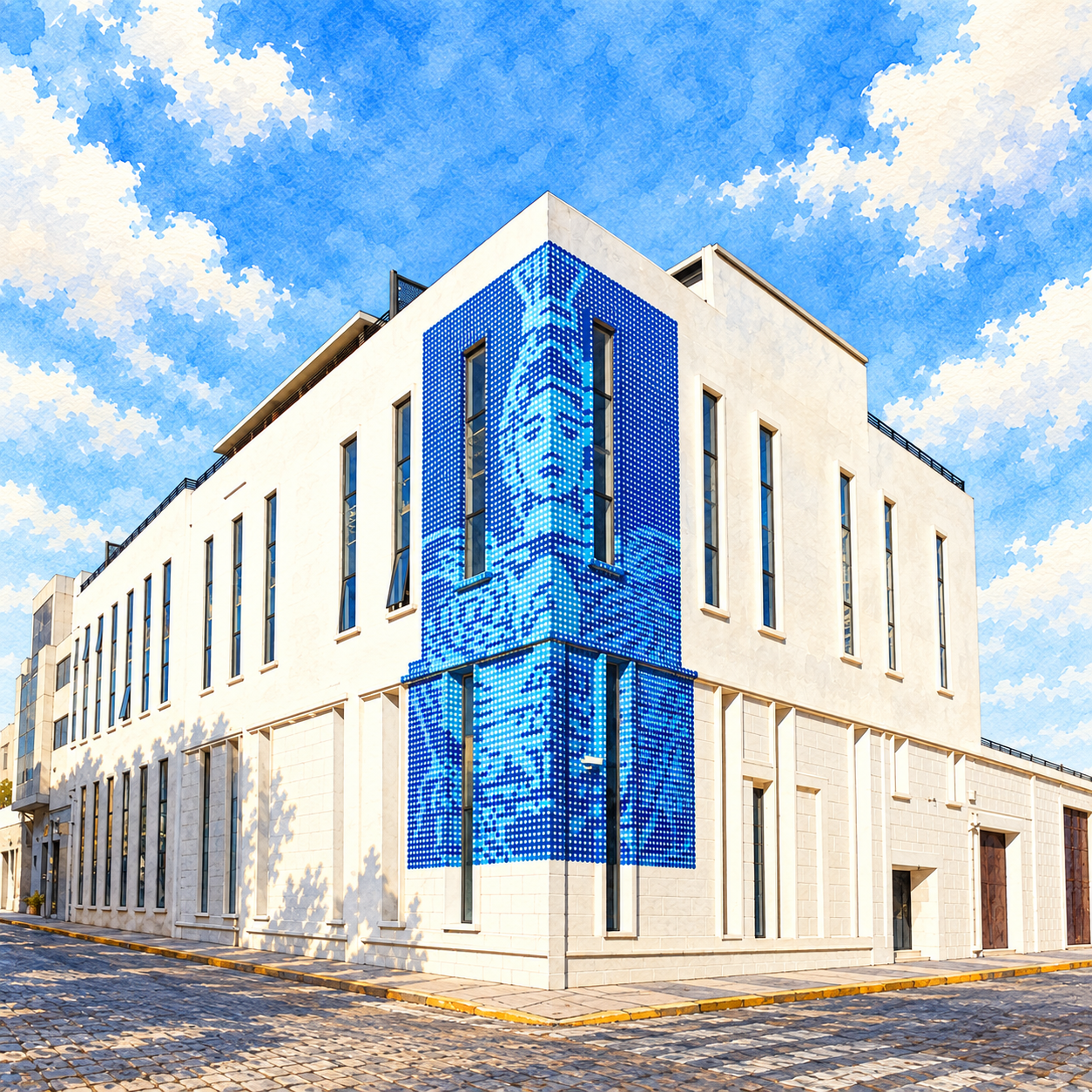 Ilustración del edificio Silos de Psicología BUAP, con fachada blanca y esquina de mosaico azul, en Puebla.
