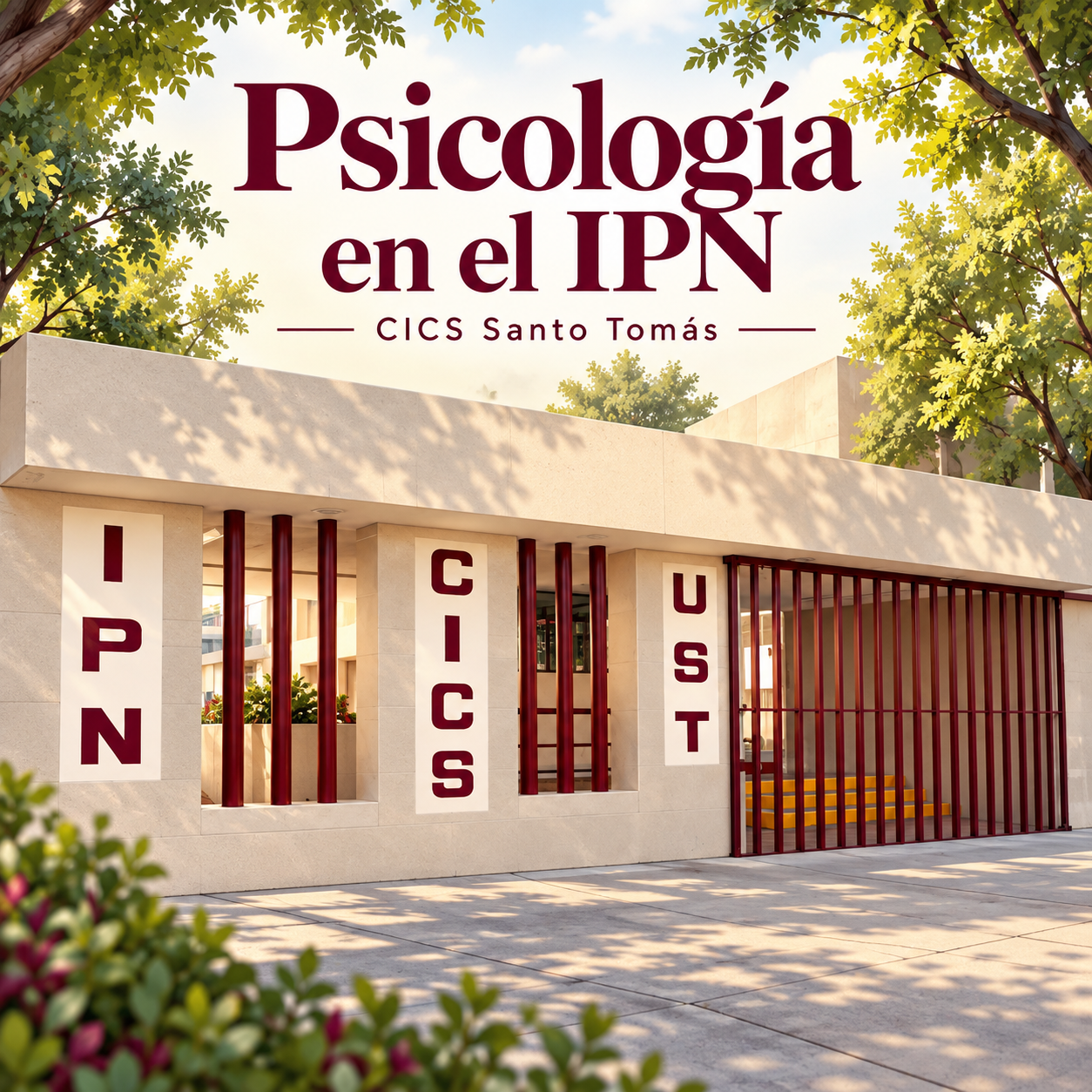 Ilustración de la entrada del CICS Santo Tomás del IPN, con fachada clara y rejas guindas.