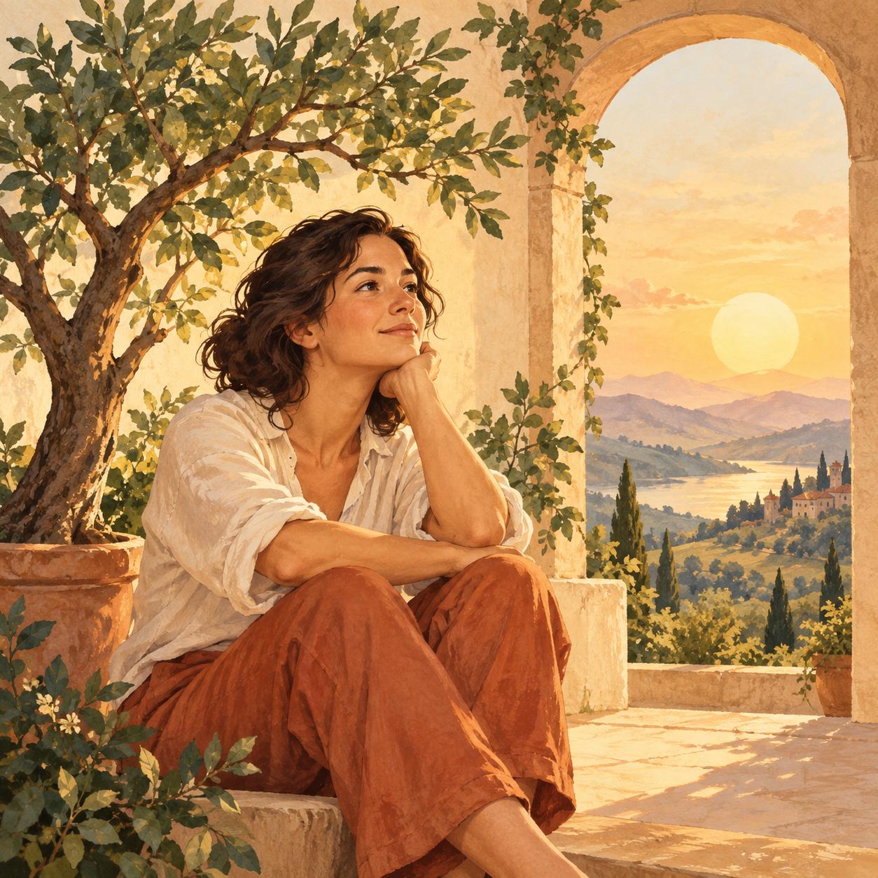 Persona en actitud reflexiva junto a un árbol y un arco, símbolos de crecimiento y posibilidades personales.