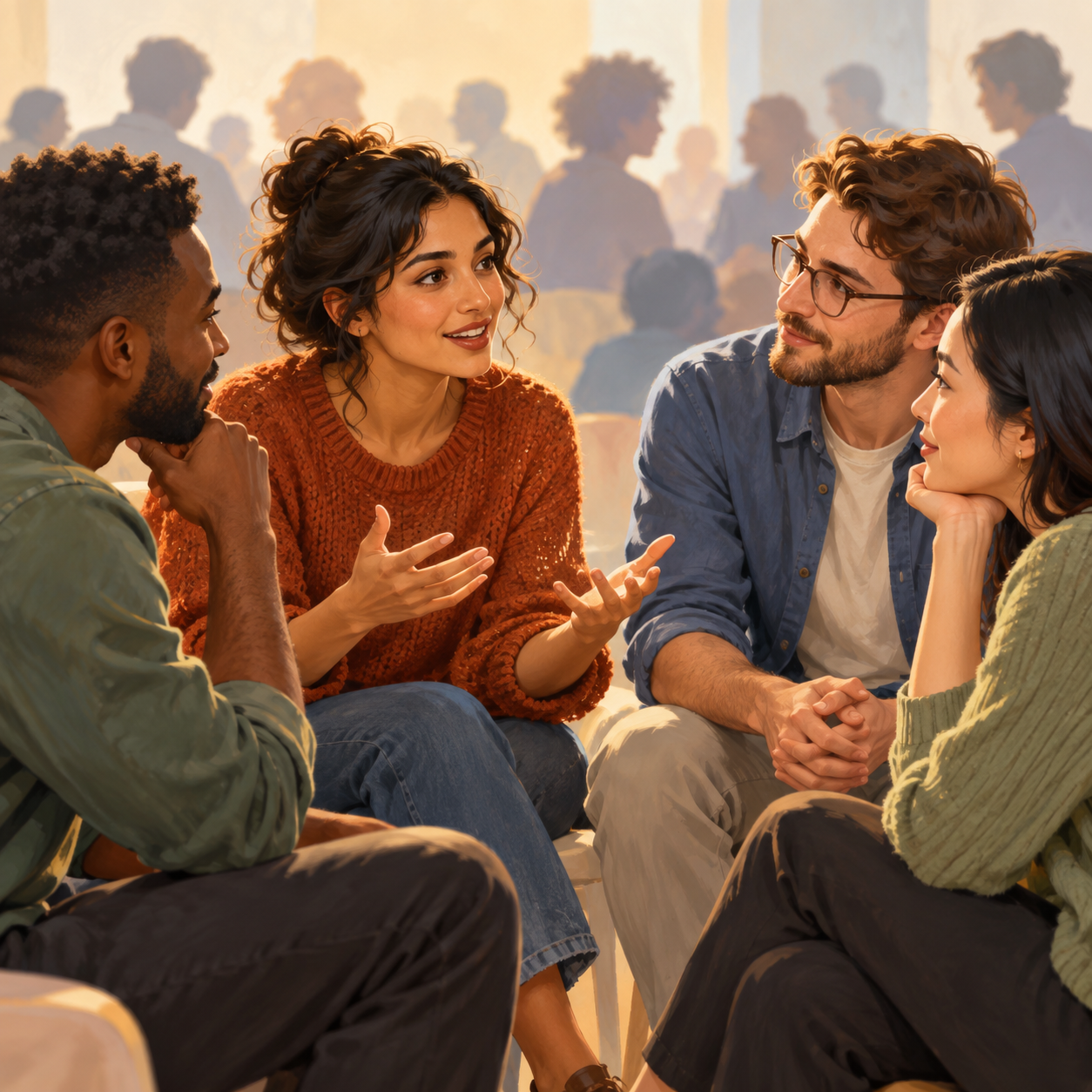 Ilustración de cuatro personas dialogando en un grupo pequeño