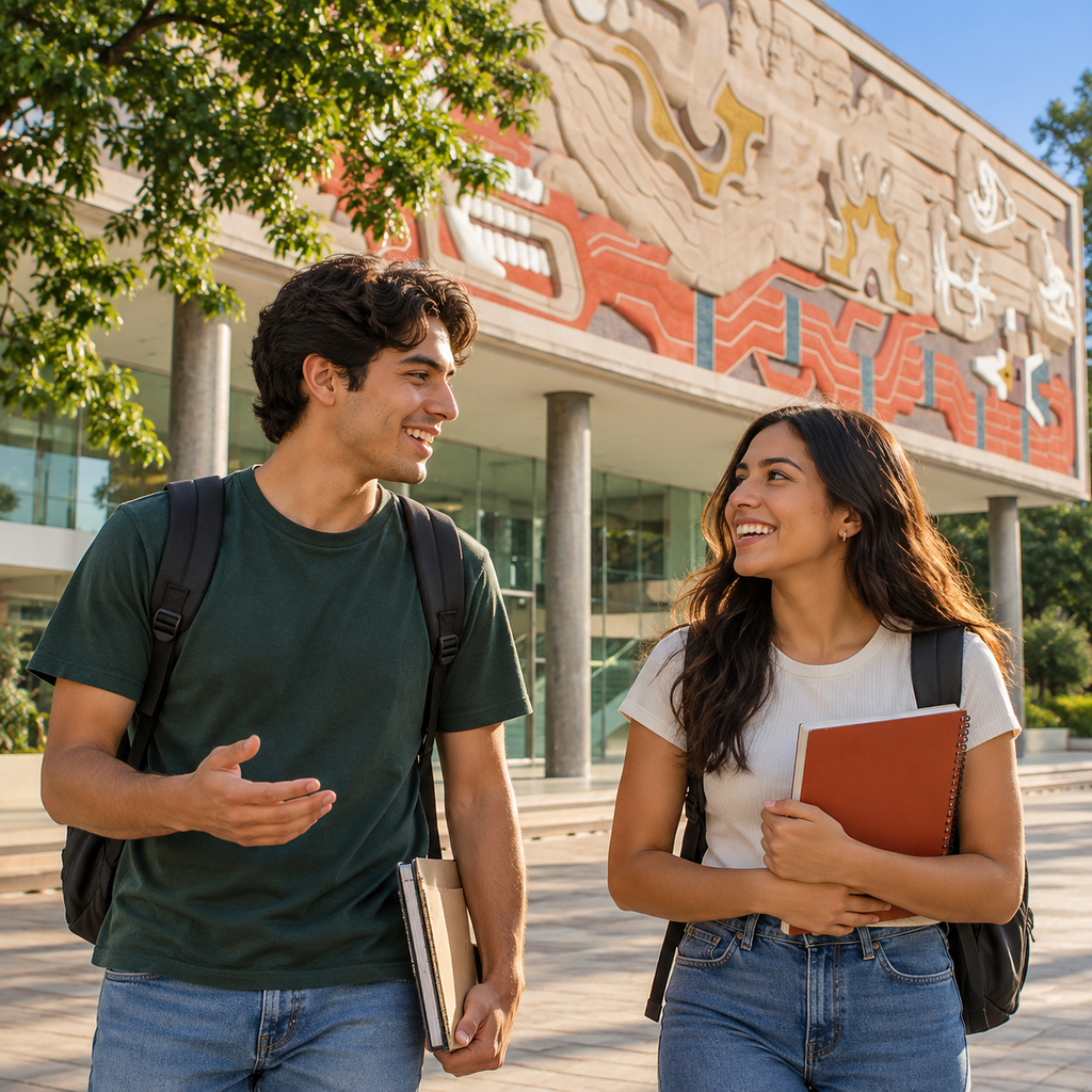 Recreación editorial de jóvenes junto a la Rectoría y el mural de Jorge González Camarena en Campus Monterrey, Nuevo León