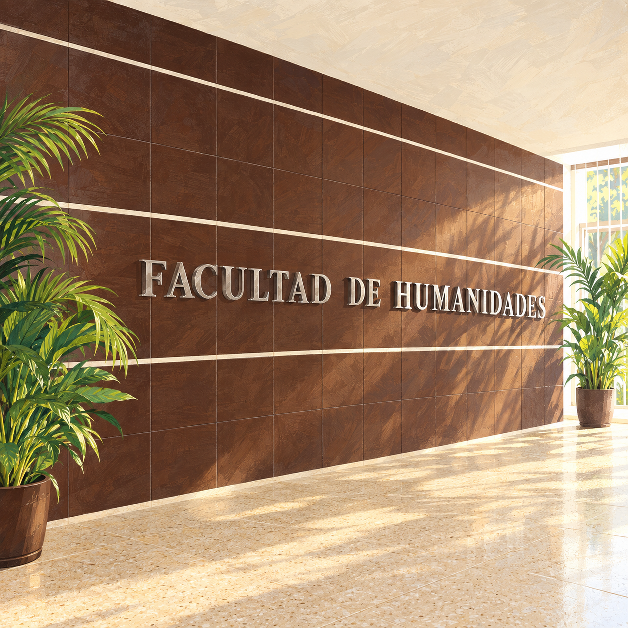 Ilustración del vestíbulo con el letrero de la Facultad de Humanidades de la UACAM.