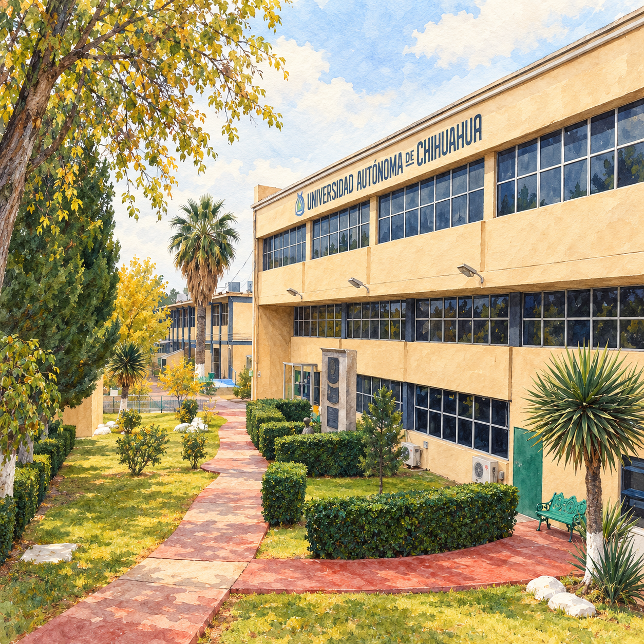 Ilustración de la fachada beige y el patio ajardinado de la FCPyS de la UACH