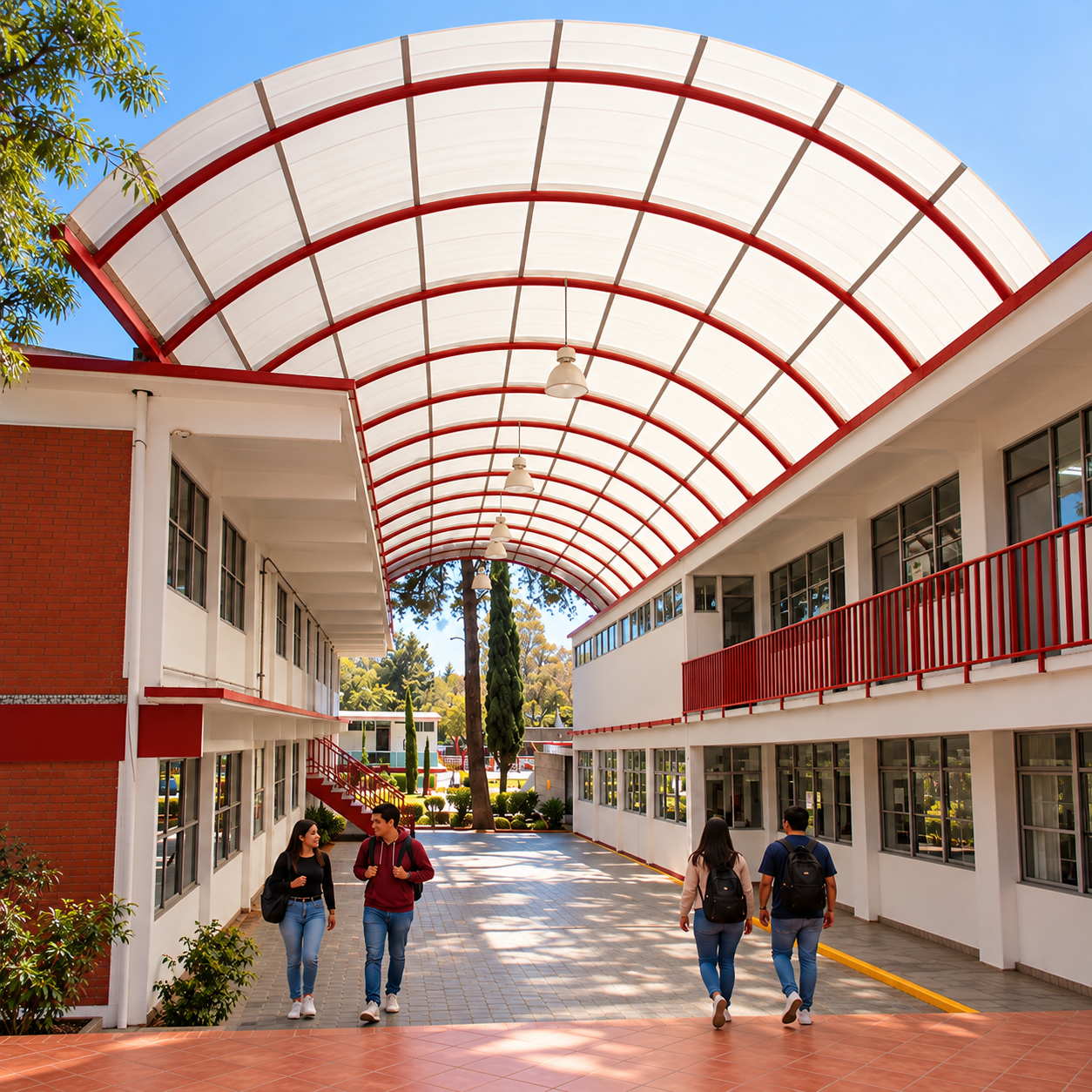 Recreación editorial: Patio universitario con cubierta curva de la UATx.