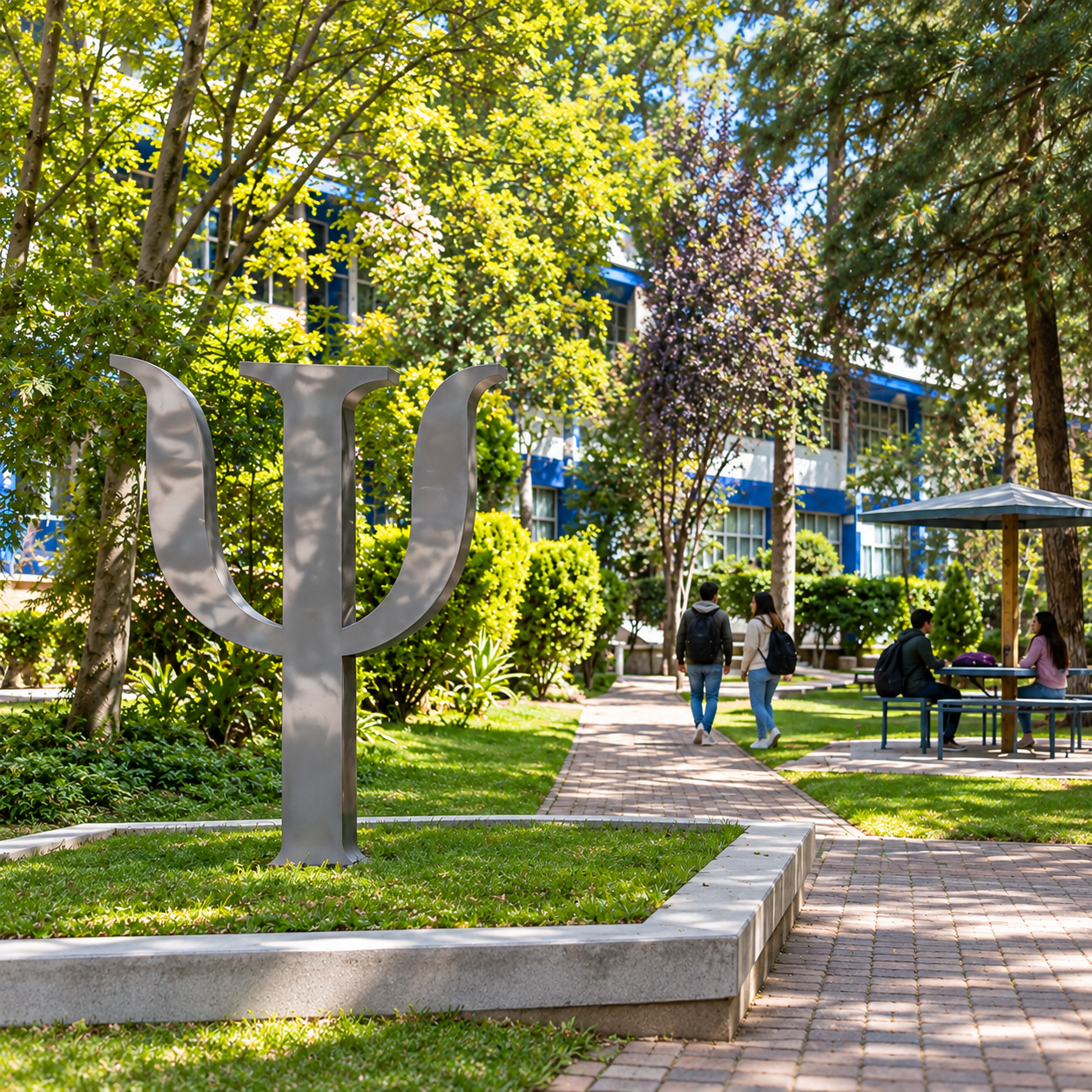 Recreación editorial: Escultura Psi y jardín universitario de Psicología UAZ.