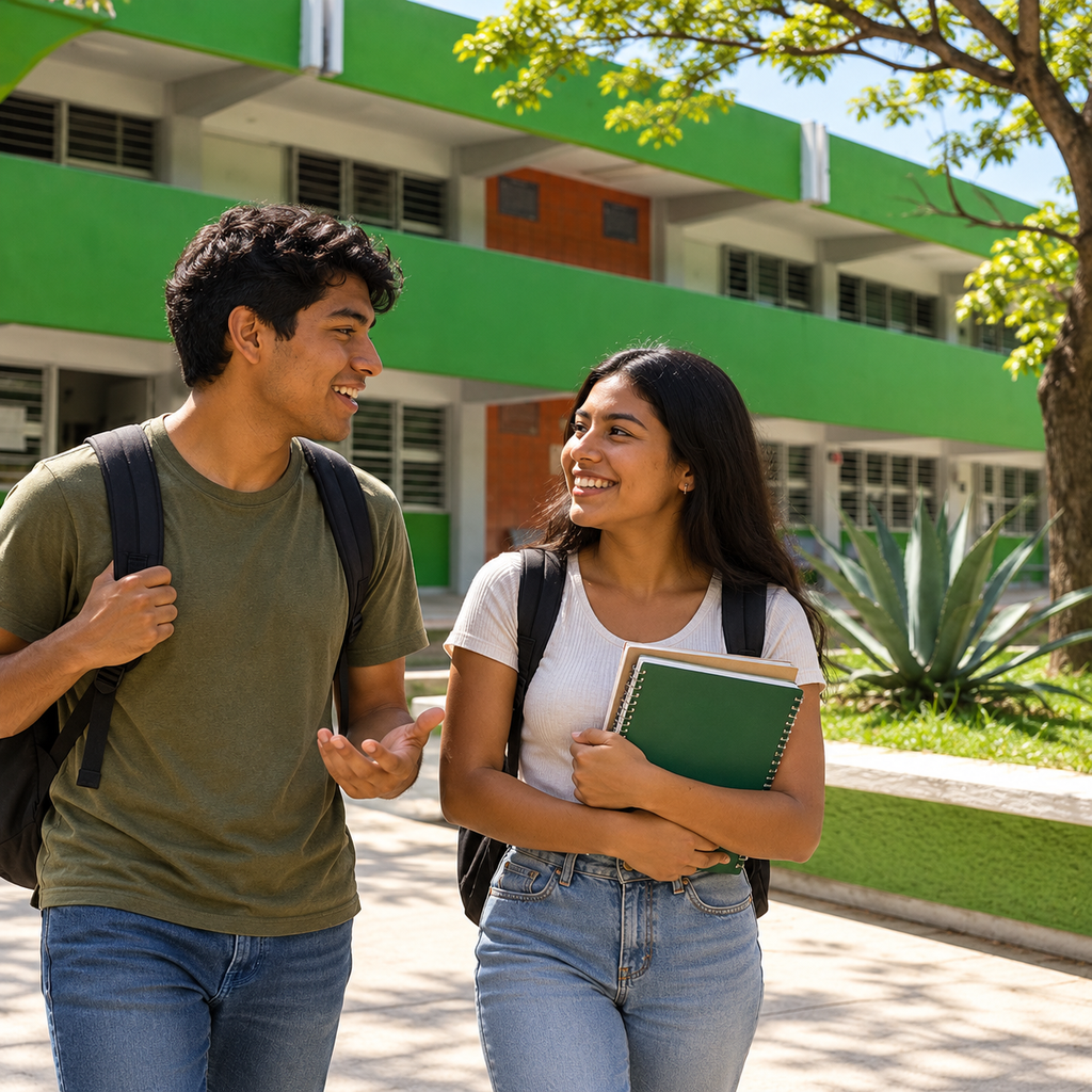 Recreación editorial de jóvenes junto a fachada verde de ciencias humanas y sociales, fotografía institucional de referencia en Ciudad Universitaria, Tuxtla Gutiérrez, Chiapas