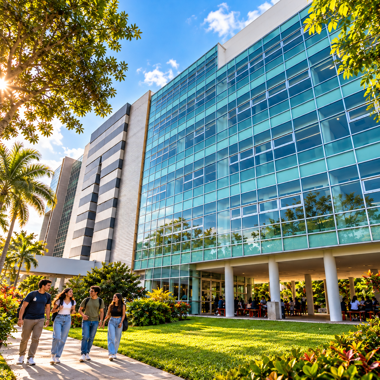 Recreación editorial: Fachada acristalada del campus Cancún de la UQROO.