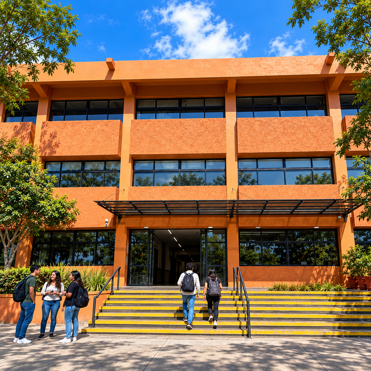 Recreación editorial: Fachada terracota y escalinata de Psicología UV en Xalapa.