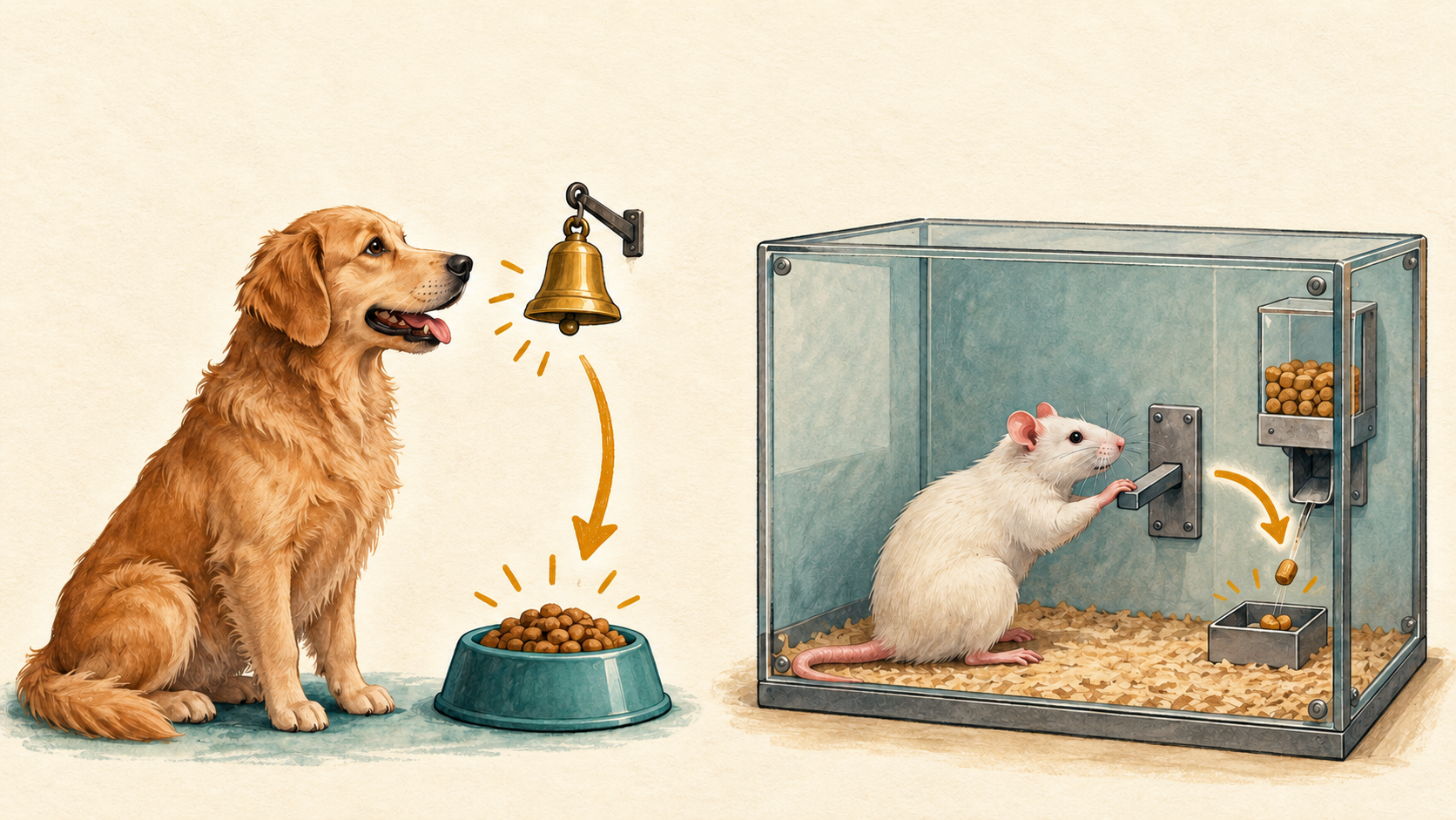 Ilustración del conductismo: perro, campana y alimento junto a una rata que acciona una palanca para obtener comida.