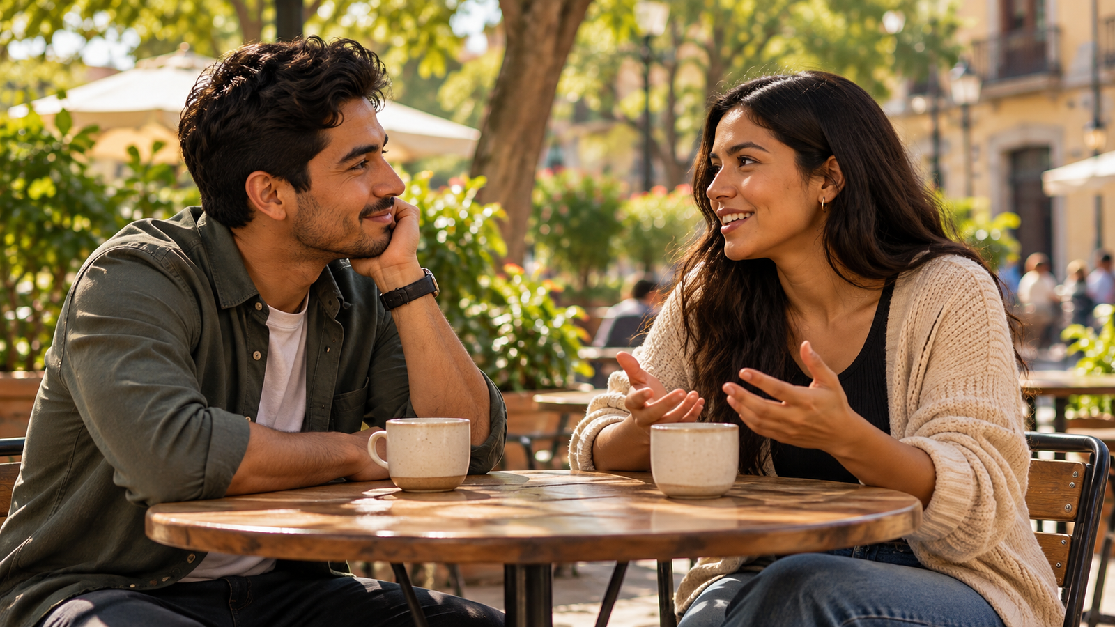 Recreación editorial de dos jóvenes conversando y escuchándose en una terraza