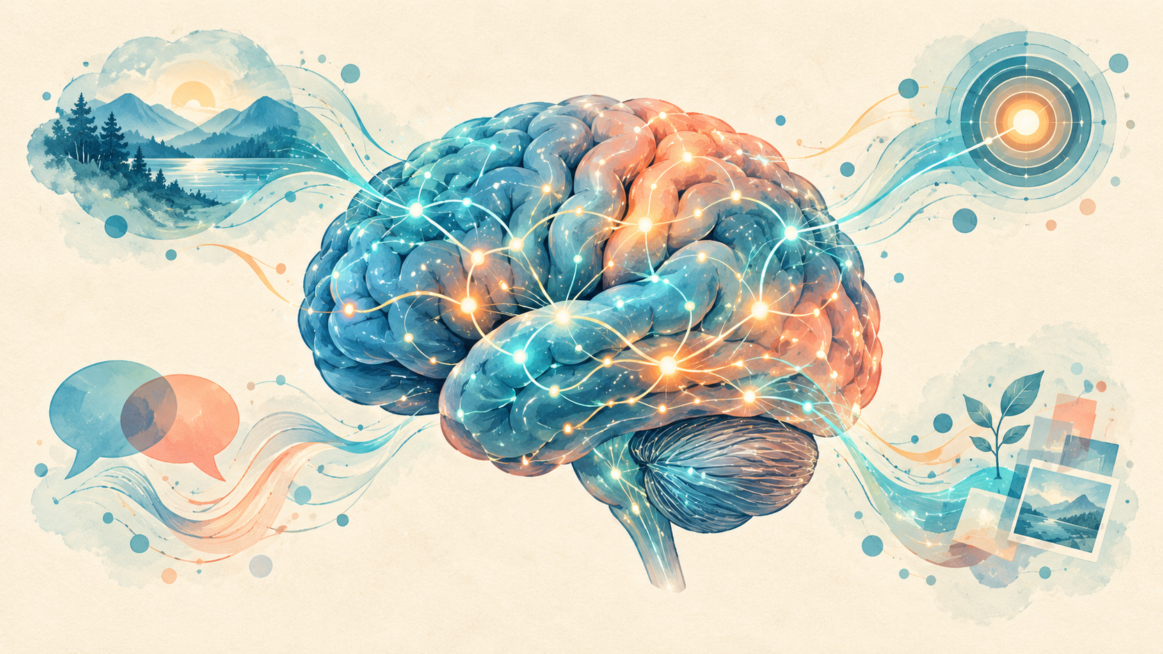 Ilustración conceptual de un cerebro con conexiones que evocan funciones cognitivas
