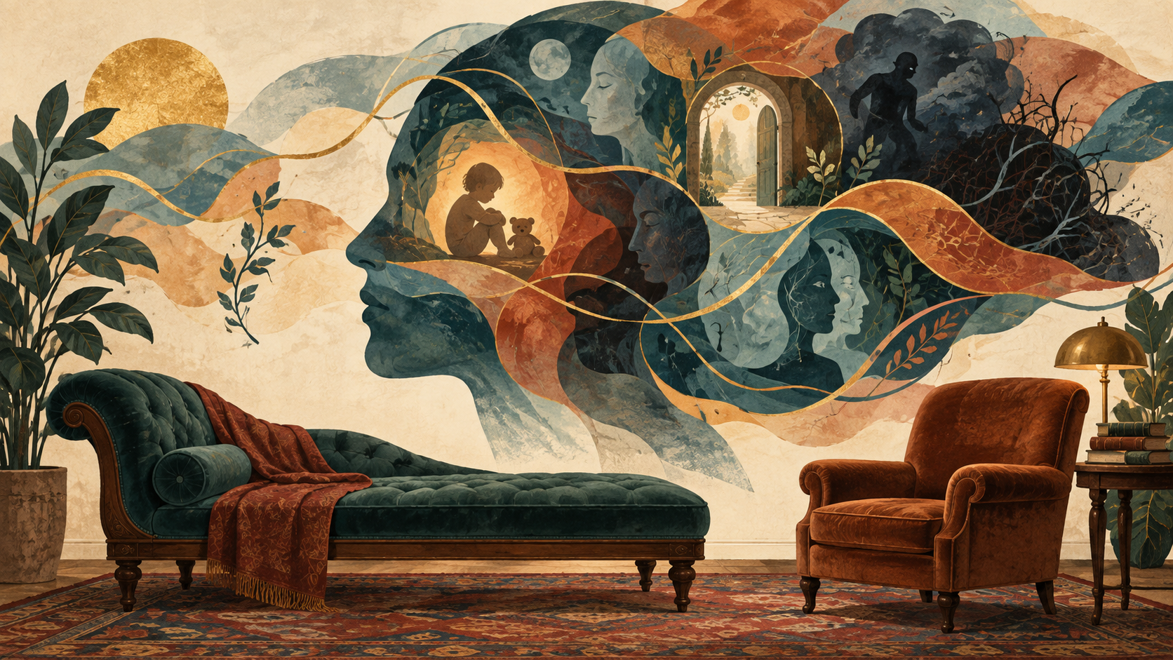 Ilustración del psicoanálisis: diván y sillón junto a una silueta humana con recuerdos y formas entrelazadas que evocan la vida inconsciente.