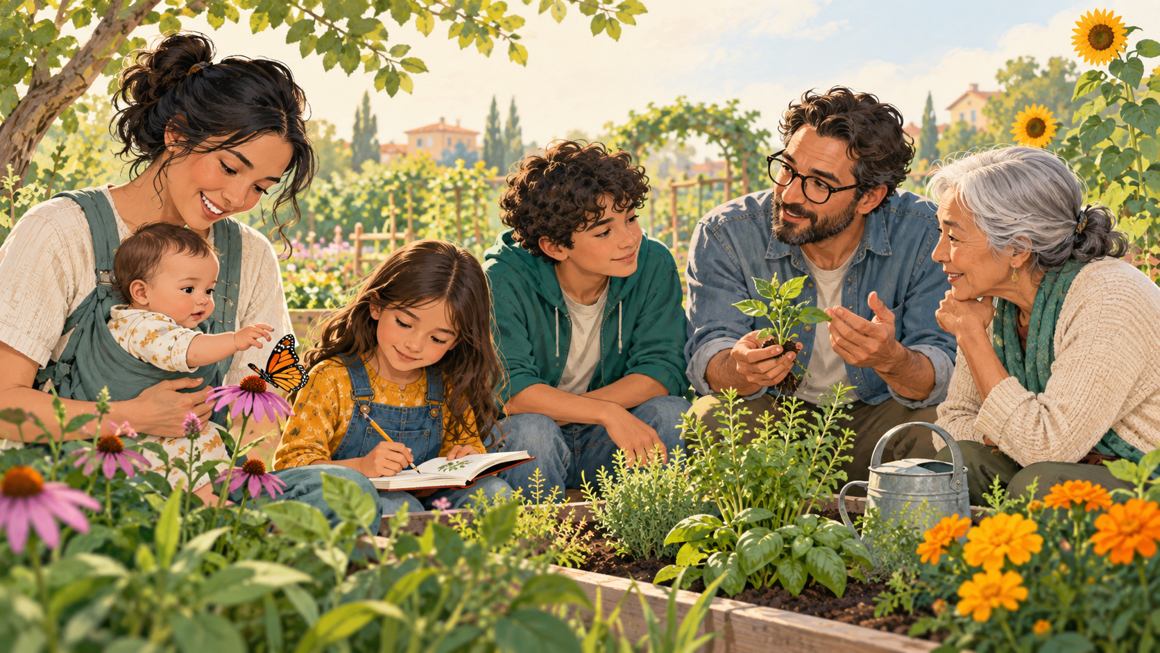 Personas de distintas edades aprendiendo juntas en un jardín