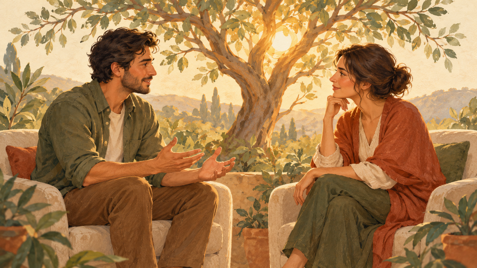Dos personas conversan con atención y empatía bajo un árbol, como representación de la psicología humanista.