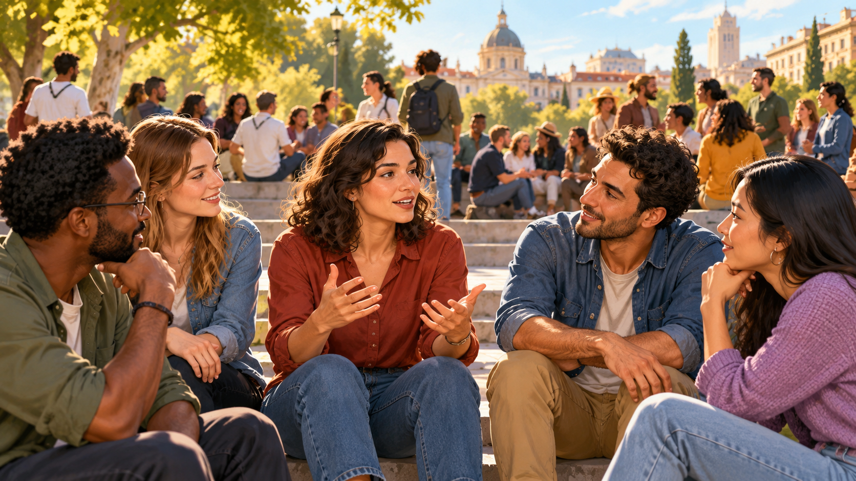 Ilustración de un grupo pequeño conversando con una multitud al fondo