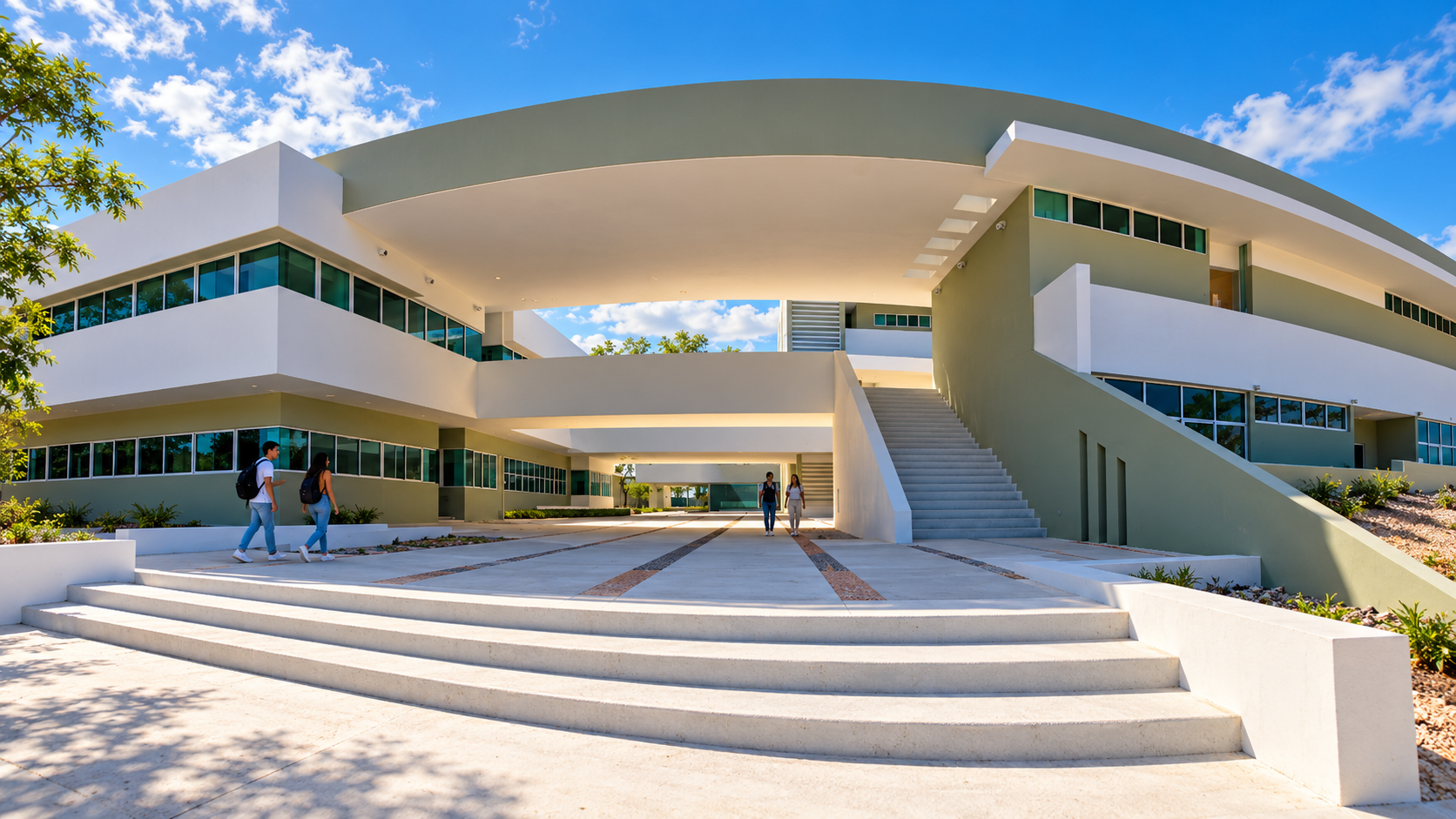 Recreación editorial: Patio y cubierta curva de Psicología UADY en Mérida.