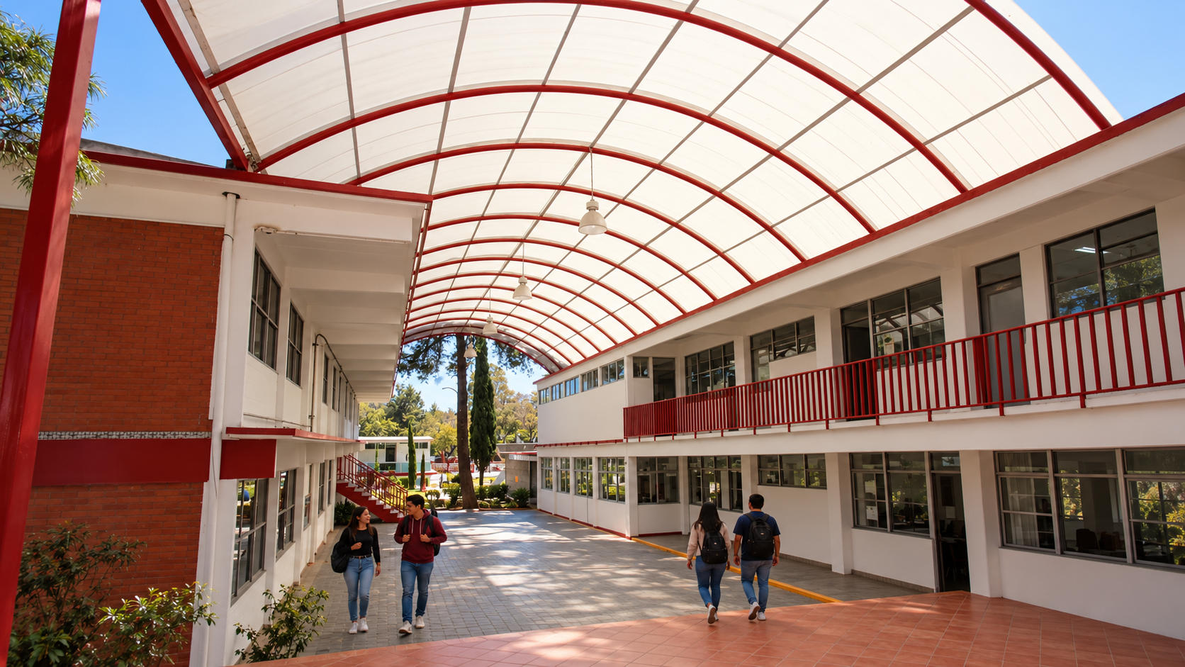 Recreación editorial: Patio universitario con cubierta curva de la UATx.