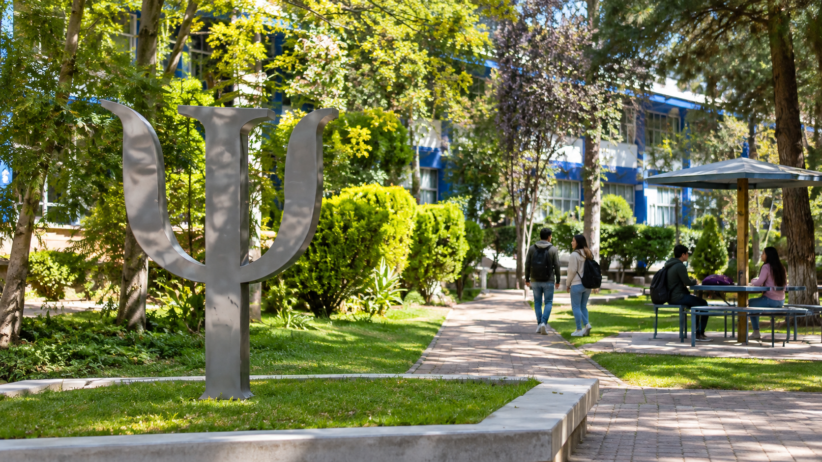 Recreación editorial: Escultura Psi y jardín universitario de Psicología UAZ.