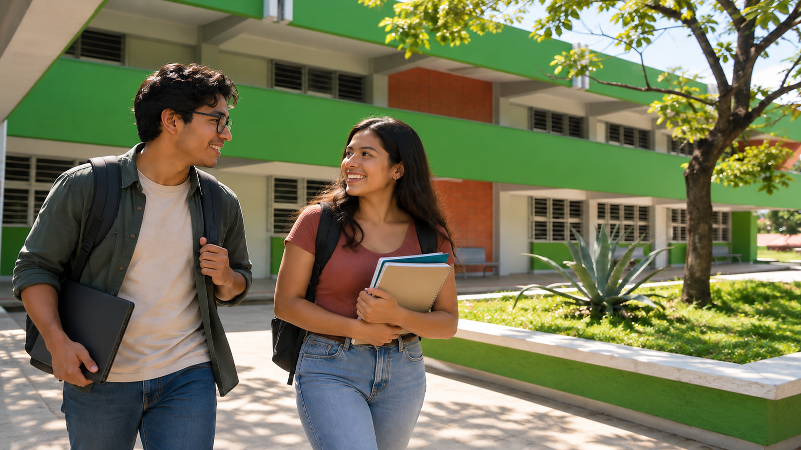 Recreación editorial de jóvenes junto a fachada verde de ciencias humanas y sociales, fotografía institucional de referencia en Ciudad Universitaria, Tuxtla Gutiérrez, Chiapas