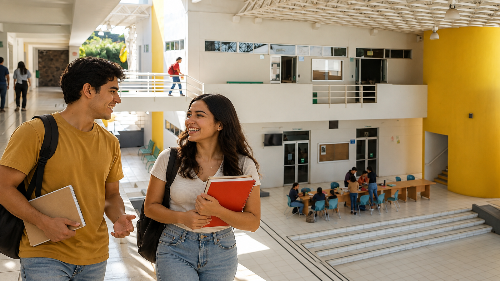 Recreación editorial de jóvenes junto a patio interior de psicología, cubierta reticular blanca y columna cilíndrica amarilla en Facultad de Psicología, Campus Central, Colima