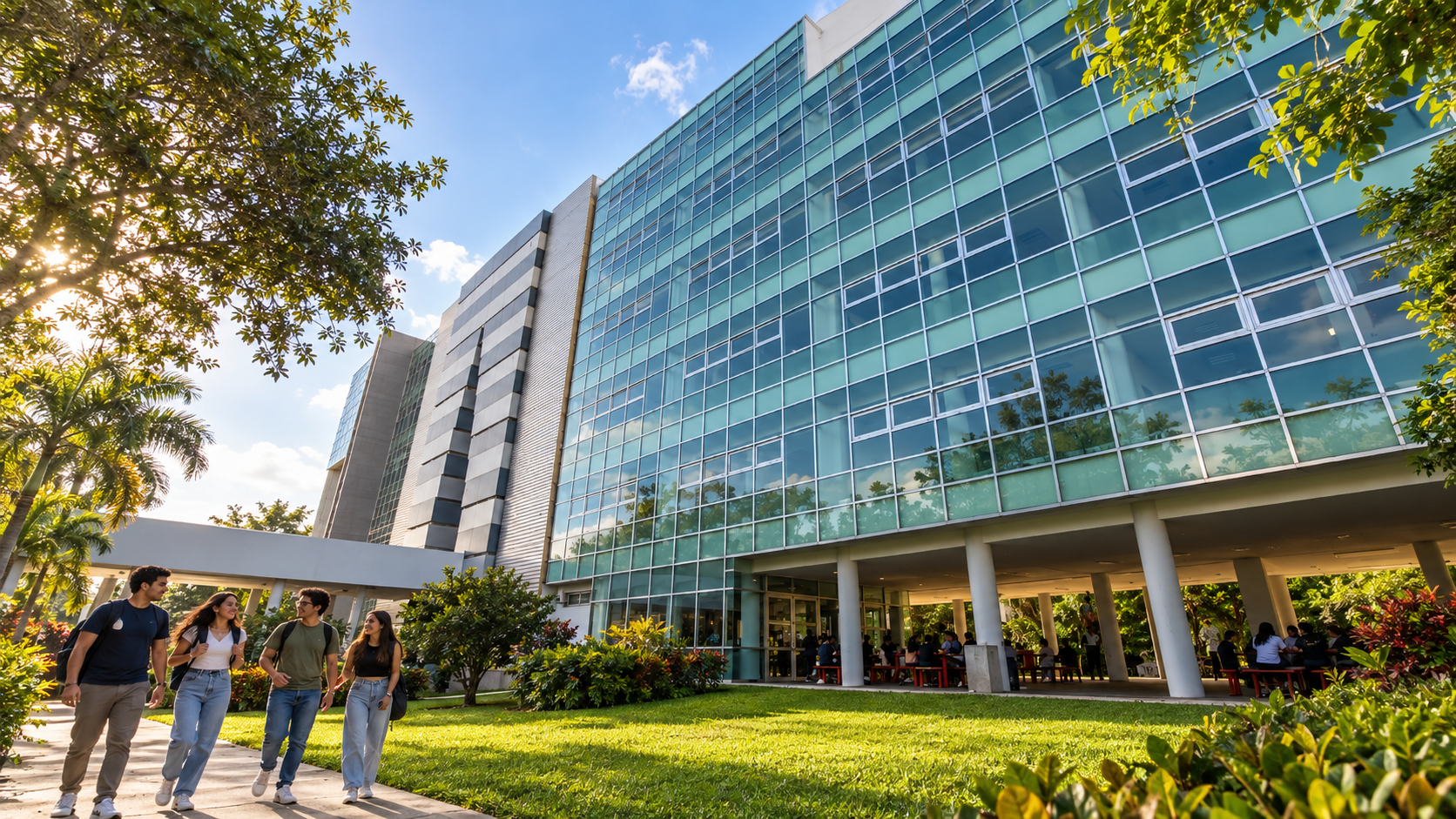 Recreación editorial: Fachada acristalada del campus Cancún de la UQROO.