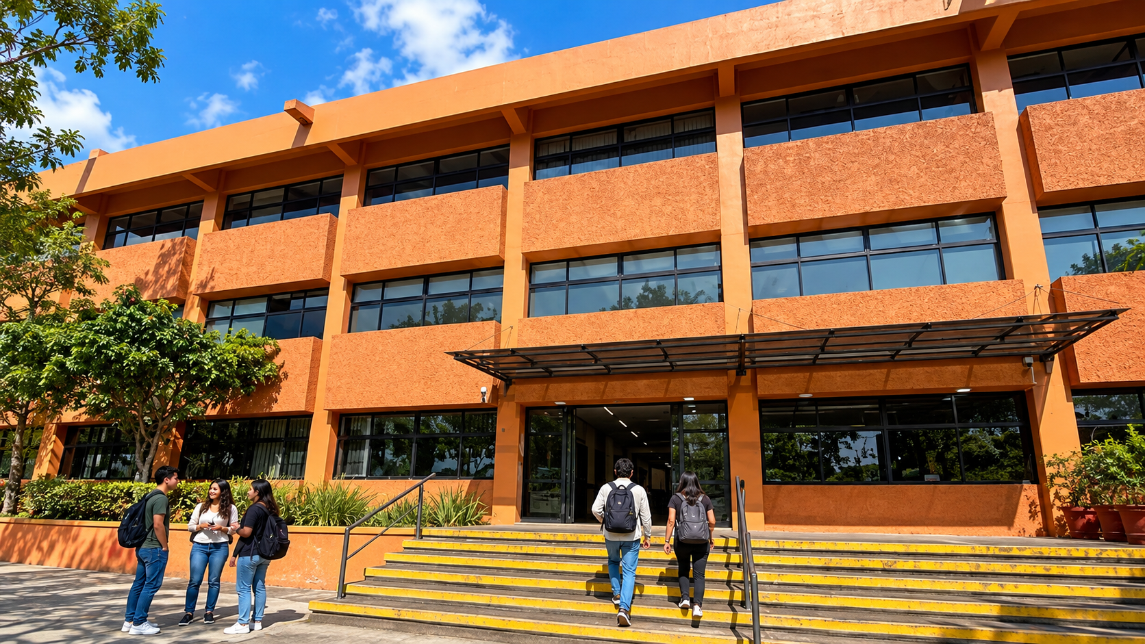 Recreación editorial: Fachada terracota y escalinata de Psicología UV en Xalapa.